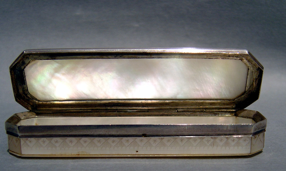 English 18th century George III Silver and engraved mother of pearl toothpick holder.