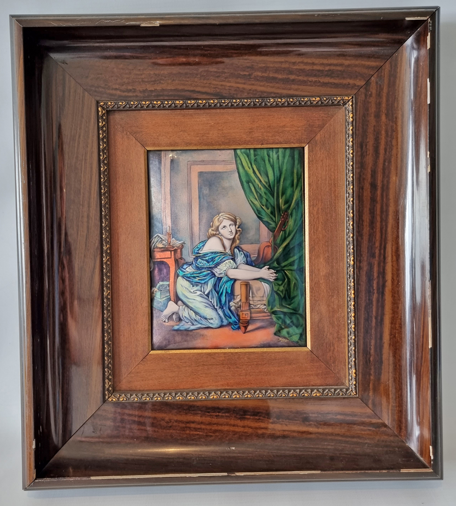 Antique Limoges enamel on copper panel of a lady in frame