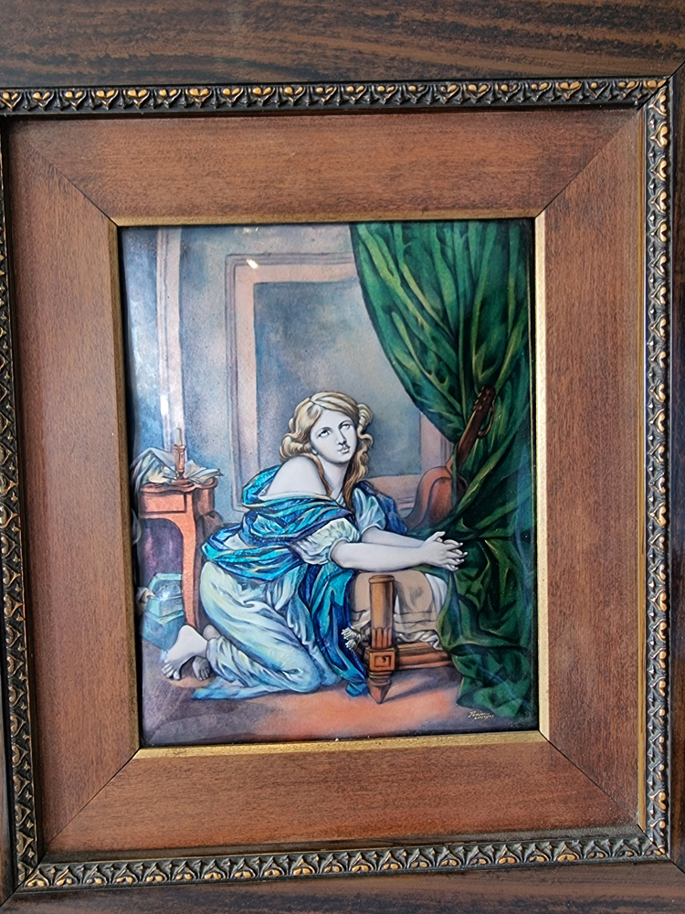 Antique Limoges enamel on copper panel of a lady in frame