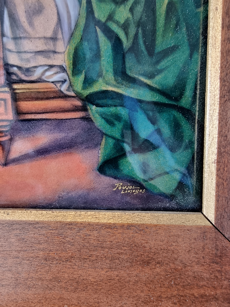 Antique Limoges enamel on copper panel of a lady in frame
