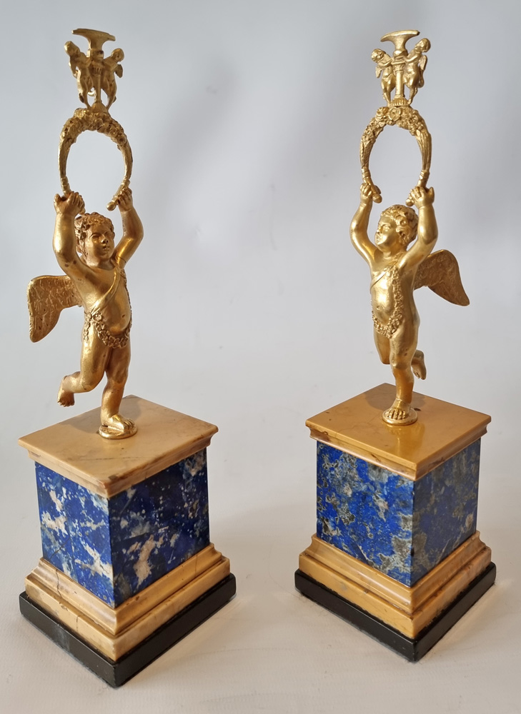 Pair antique English Regency Lapis lazuli and ormolu watch or miniature holders
