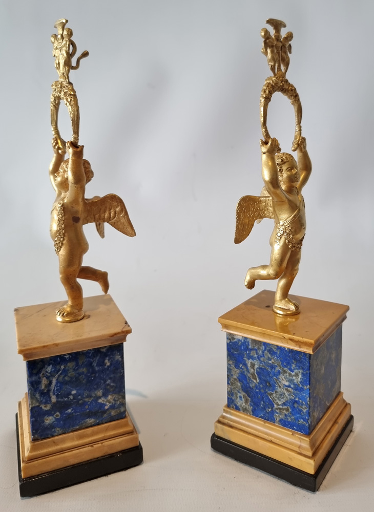 Pair antique English Regency Lapis lazuli and ormolu watch or miniature holders