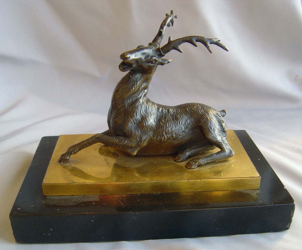 Antique English Regency bronze stag on ormolu & marble base