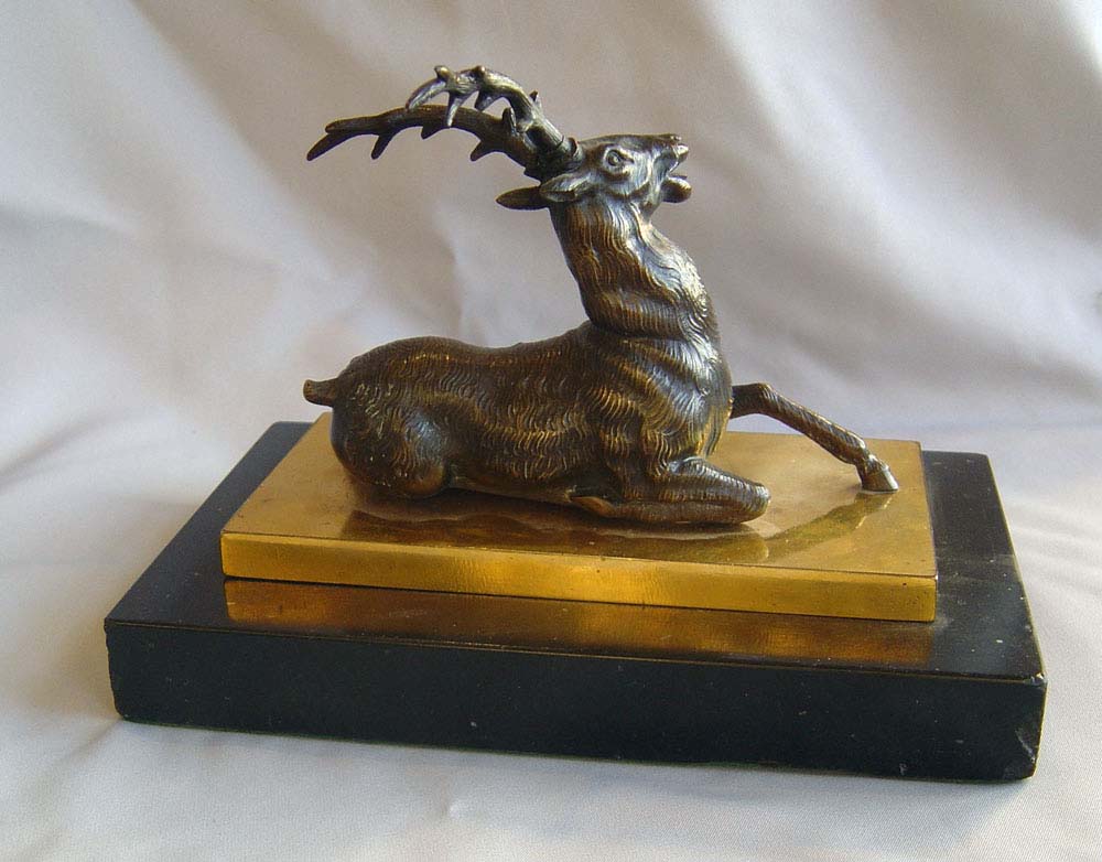 Antique English Regency bronze stag on ormolu & marble base