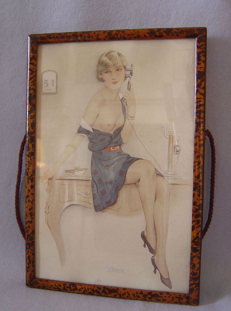 Pair of French saucy Art Deco tinted sketches of young women.