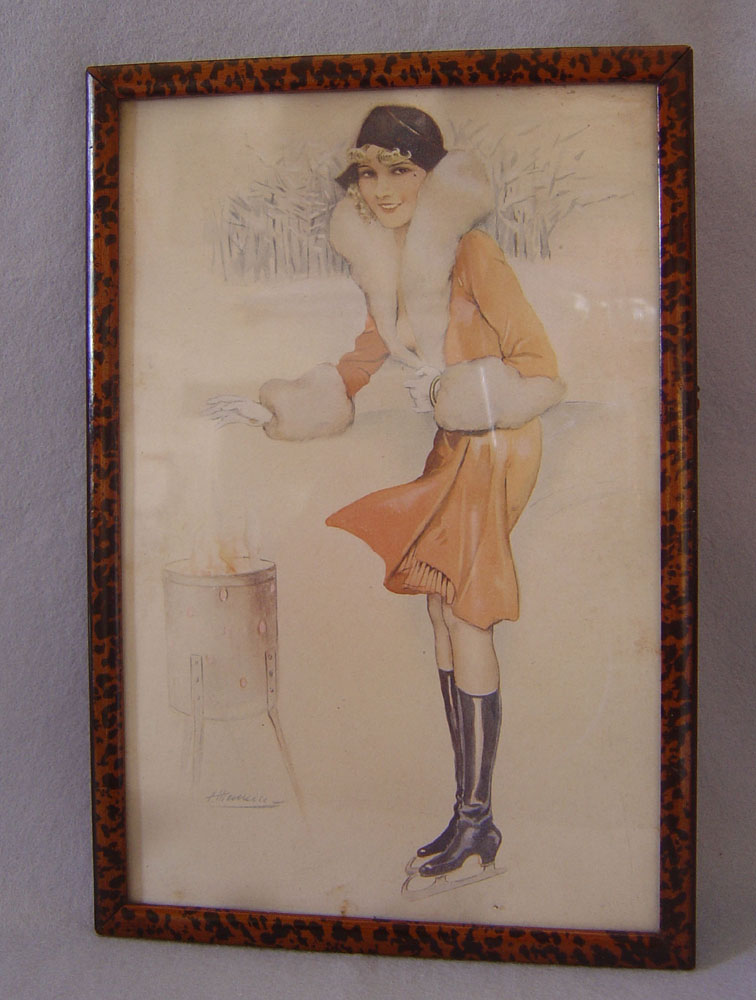 Pair of French saucy Art Deco tinted sketches of young women.
