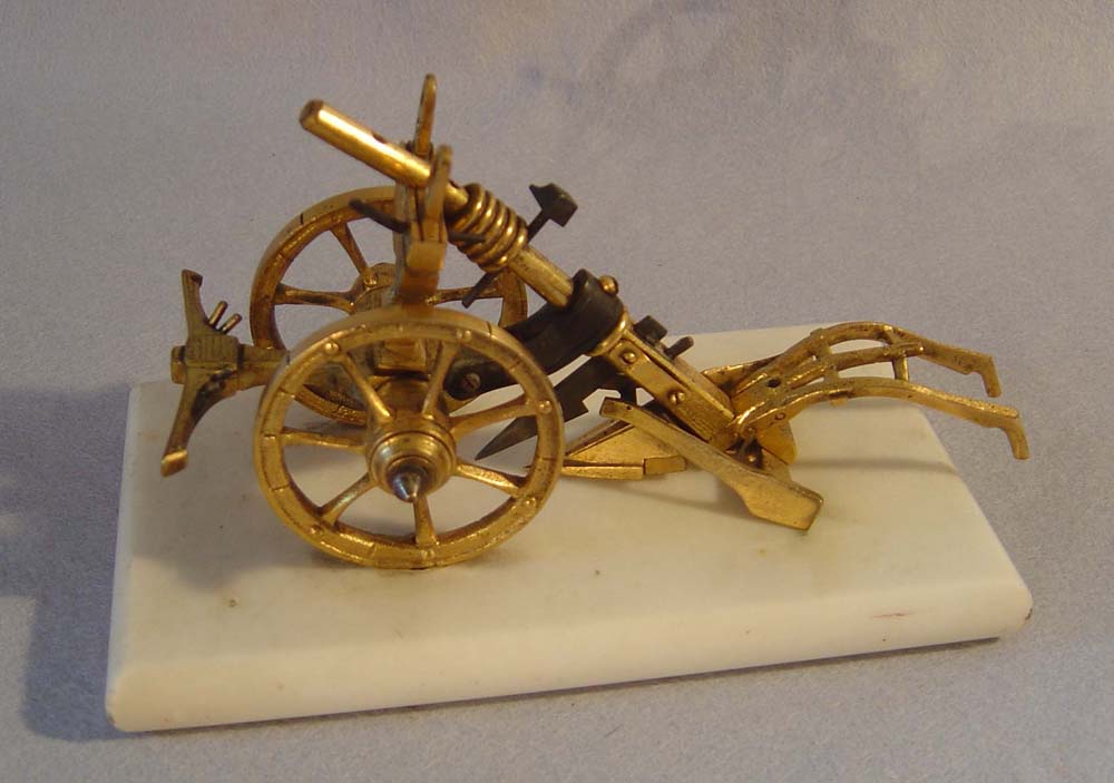 Antique English Victorian Arcadian ormolu and marble card or letter tidy in the form of a plough.
