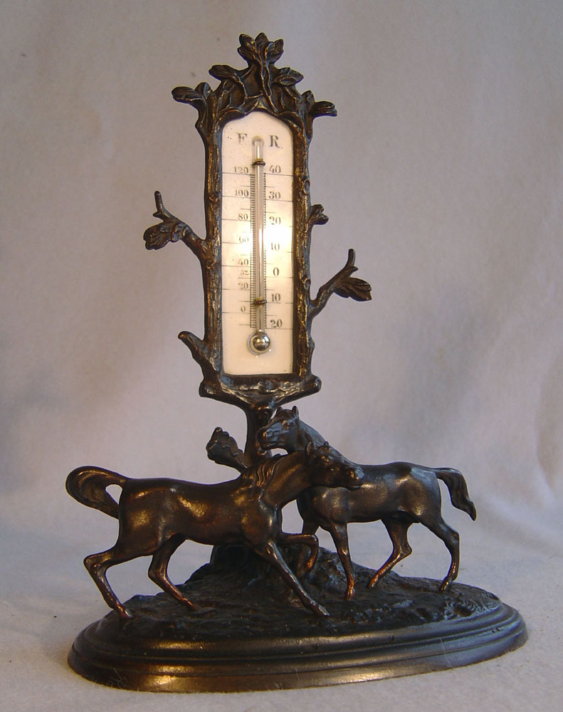 Antique French Grand tour  patinated bronze animalier mounted thermometer.