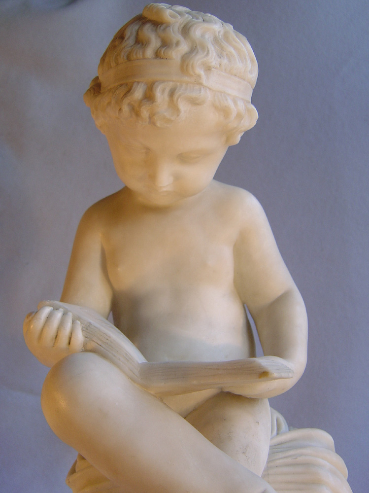 Fine Italian antique Grand Tour marble of a girl child at her alphabet.