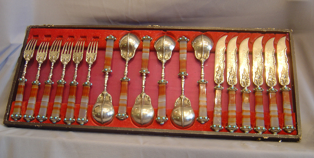 Russian antique silver gilt , jewelled and agate handled tableware.