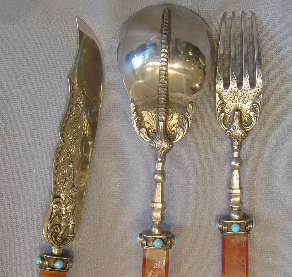 Russian antique silver gilt , jewelled and agate handled tableware.