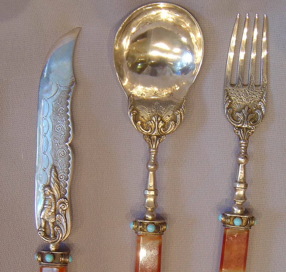 Russian antique silver gilt , jewelled and agate handled tableware.