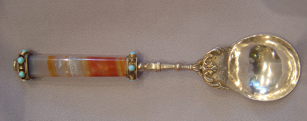 Russian antique silver gilt , jewelled and agate handled tableware.