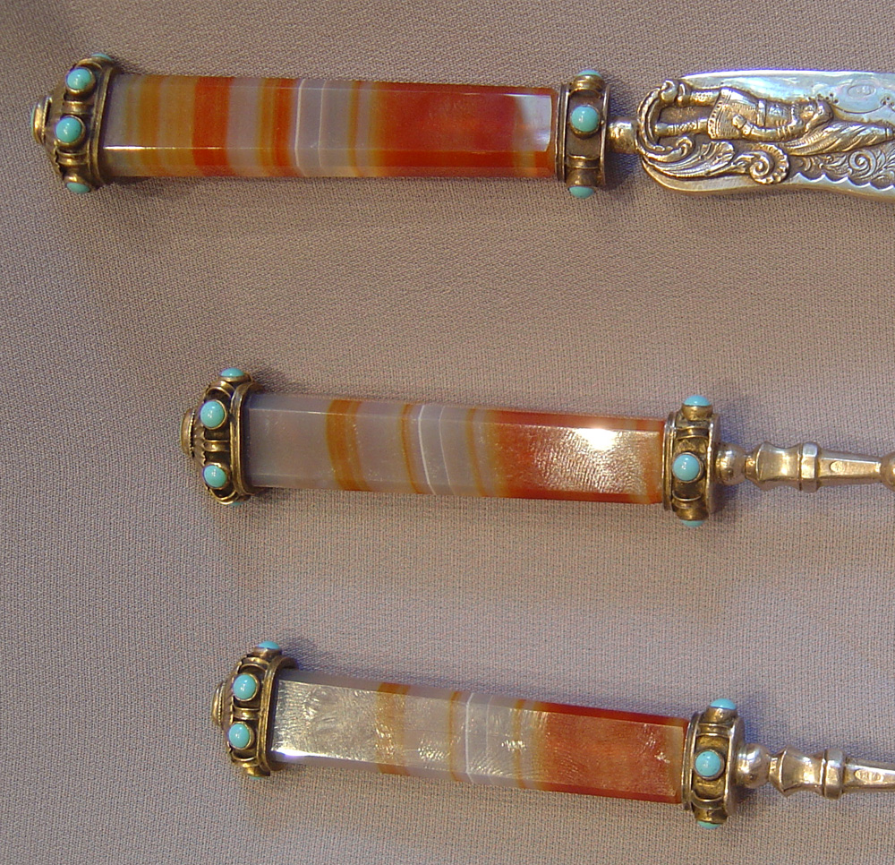 Russian antique silver gilt , jewelled and agate handled tableware.