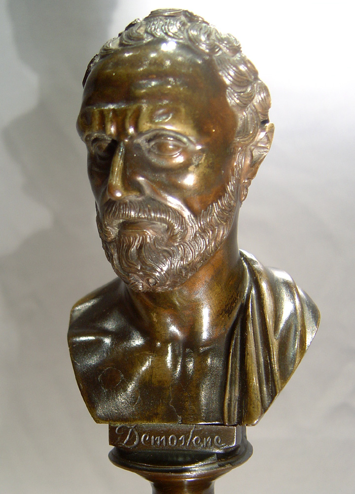 Grand Tour antique bronze bust of Demostene on marble base.