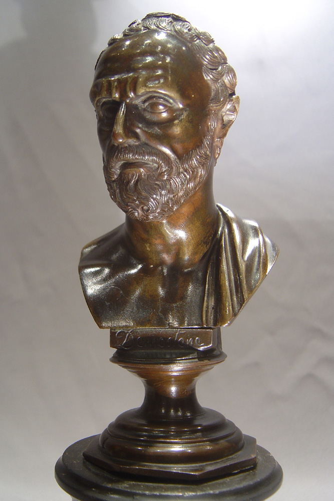 Grand Tour antique bronze bust of Demostene on marble base.