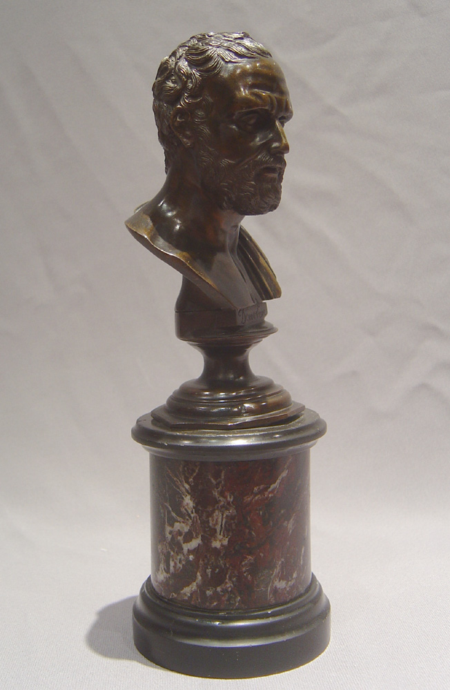 Grand Tour antique bronze bust of Demostene on marble base.