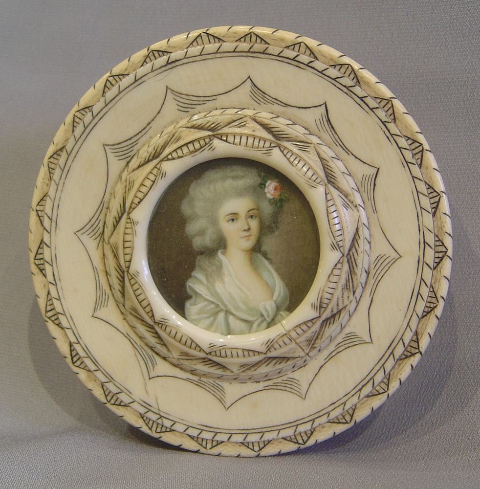 French late 18th century circular ivory box with watercolour on ivory to lid.