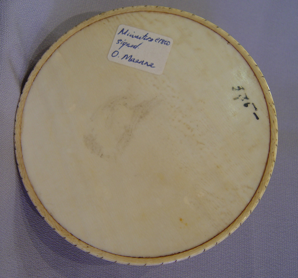 French late 18th century circular ivory box with watercolour on ivory to lid.