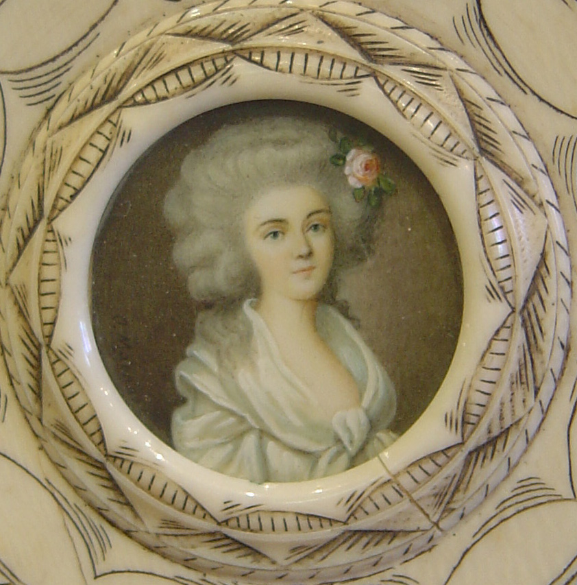 French late 18th century circular ivory box with watercolour on ivory to lid.