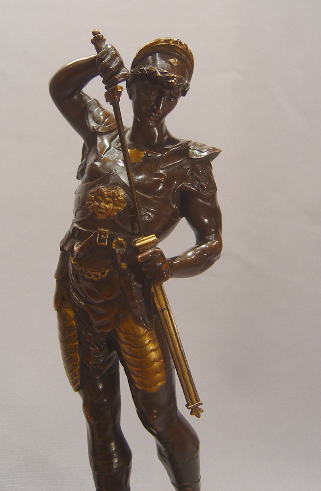 Pair French bronze gladiators on marble bases by Lalouette.