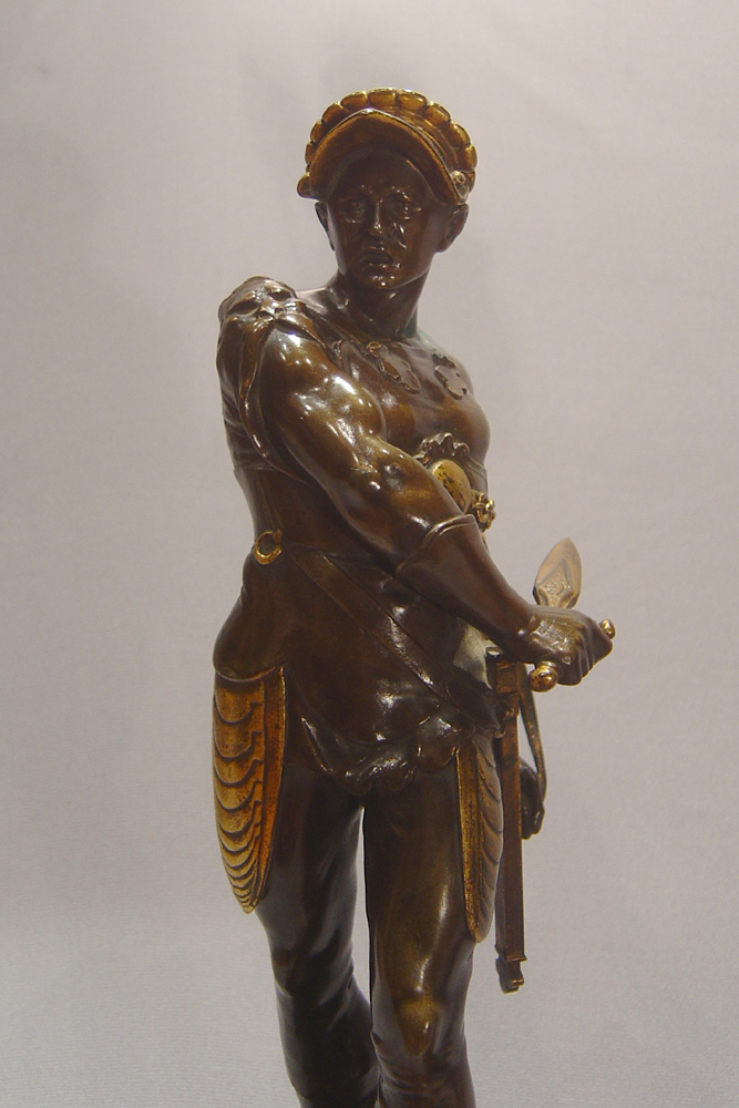Pair French bronze gladiators on marble bases by Lalouette.