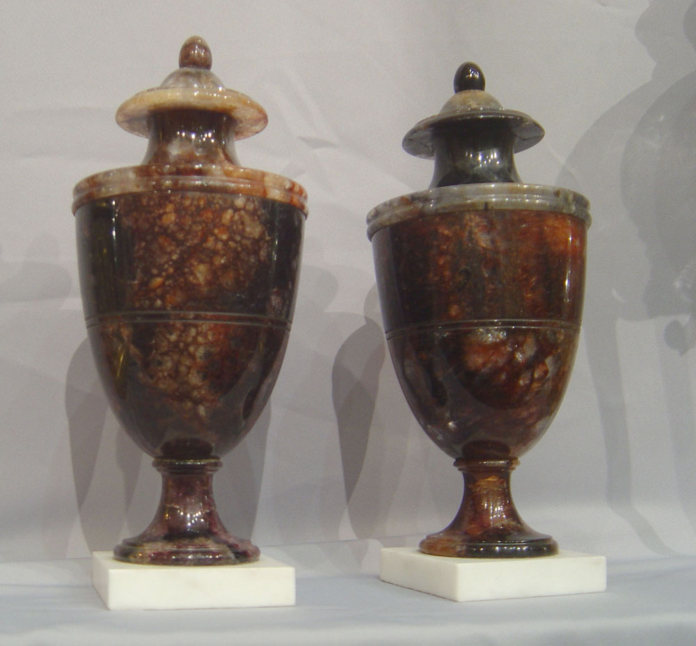 Antique English pair of blue john fleurospar urns.
