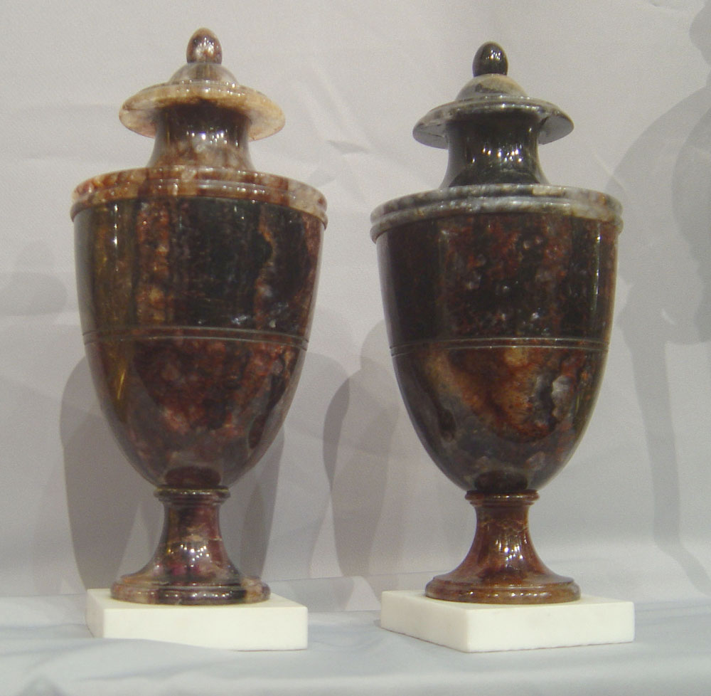 Antique English pair of blue john fleurospar urns.