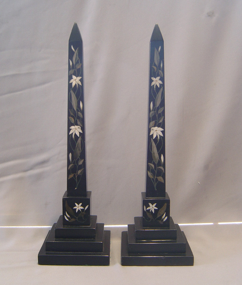 Pair antique English pietra dura obelisks