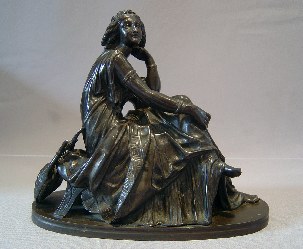 Grand Tour bronze of classical muse sitting in a chair with turtle backed lyre.