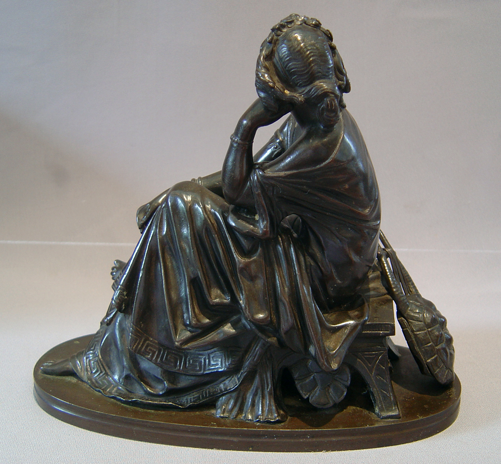 Grand Tour bronze of classical muse sitting in a chair with turtle backed lyre.