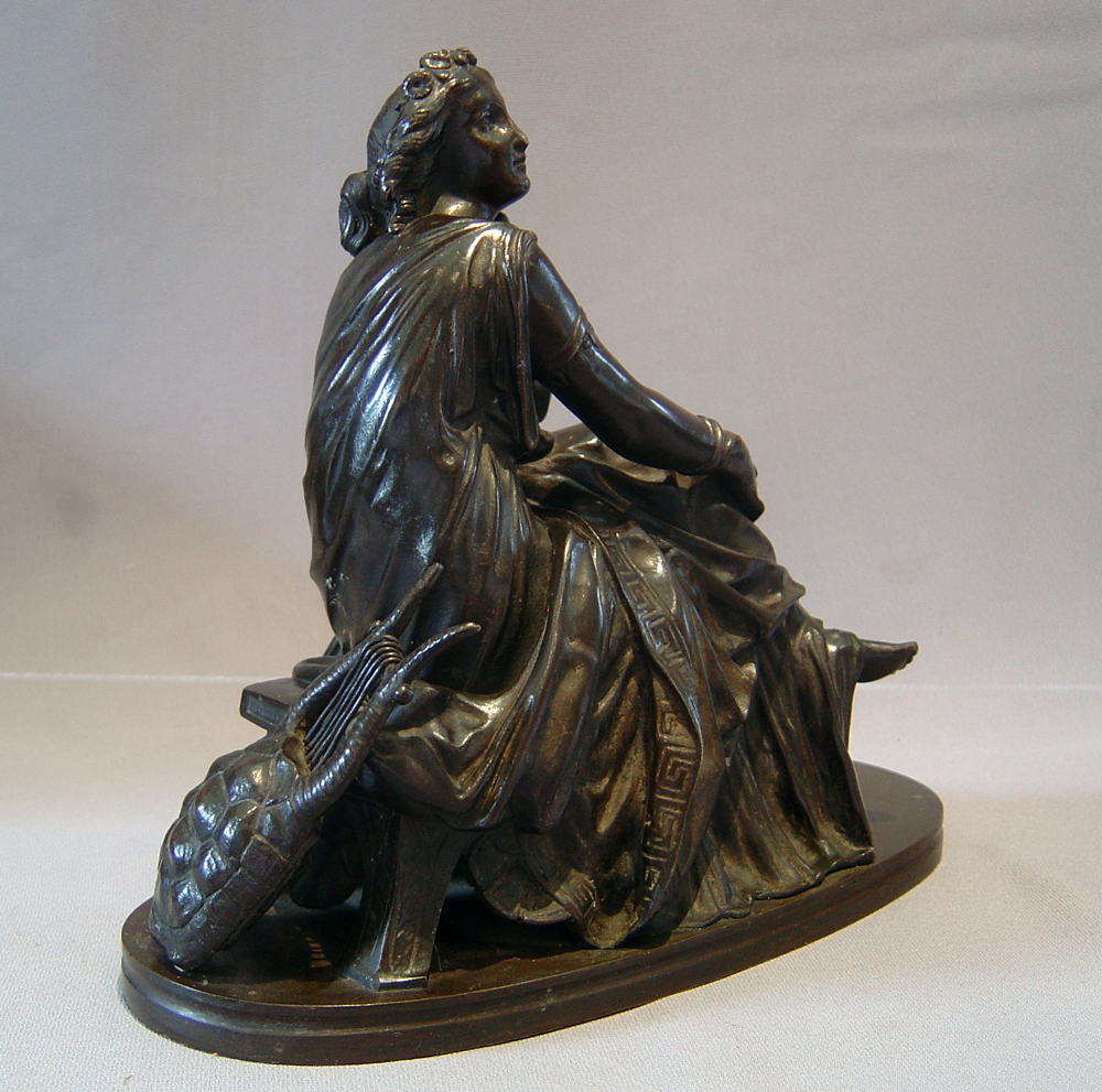 Grand Tour bronze of classical muse sitting in a chair with turtle backed lyre.