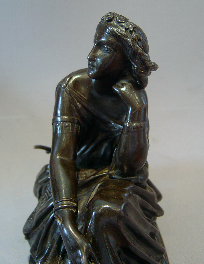 Grand Tour bronze of classical muse sitting in a chair with turtle backed lyre.