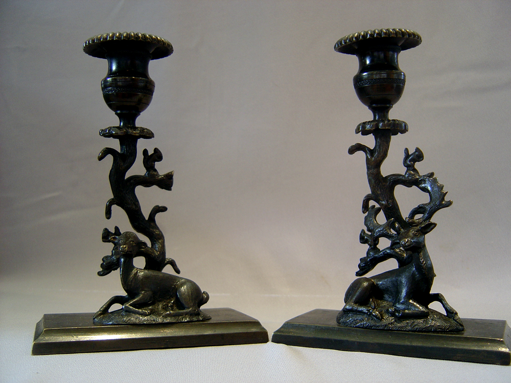 English Regency candlesticks of Deer with squirrels in tree.