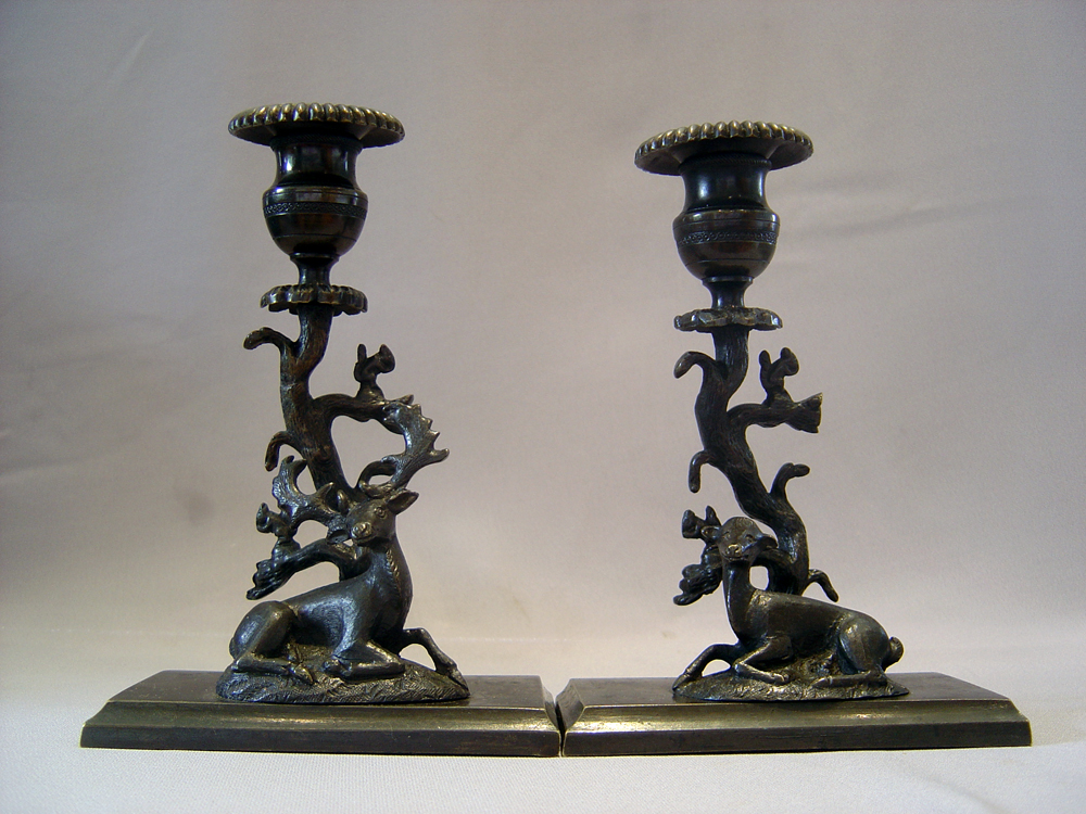English Regency candlesticks of Deer with squirrels in tree.