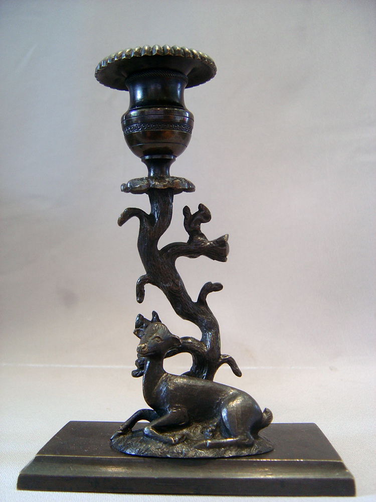 English Regency candlesticks of Deer with squirrels in tree.