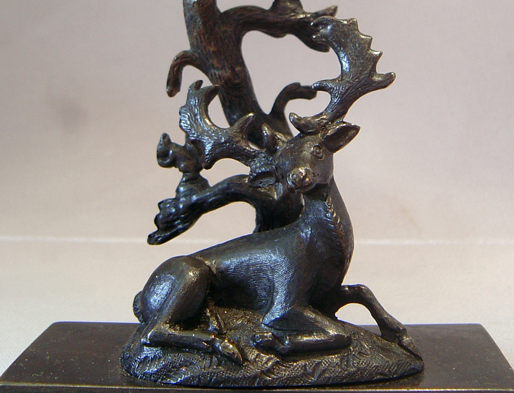 English Regency candlesticks of Deer with squirrels in tree.