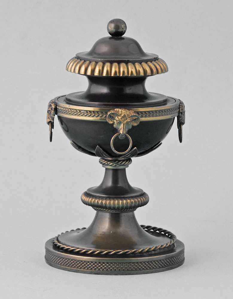 English Regency patinated bronze and ormolu inkwell.