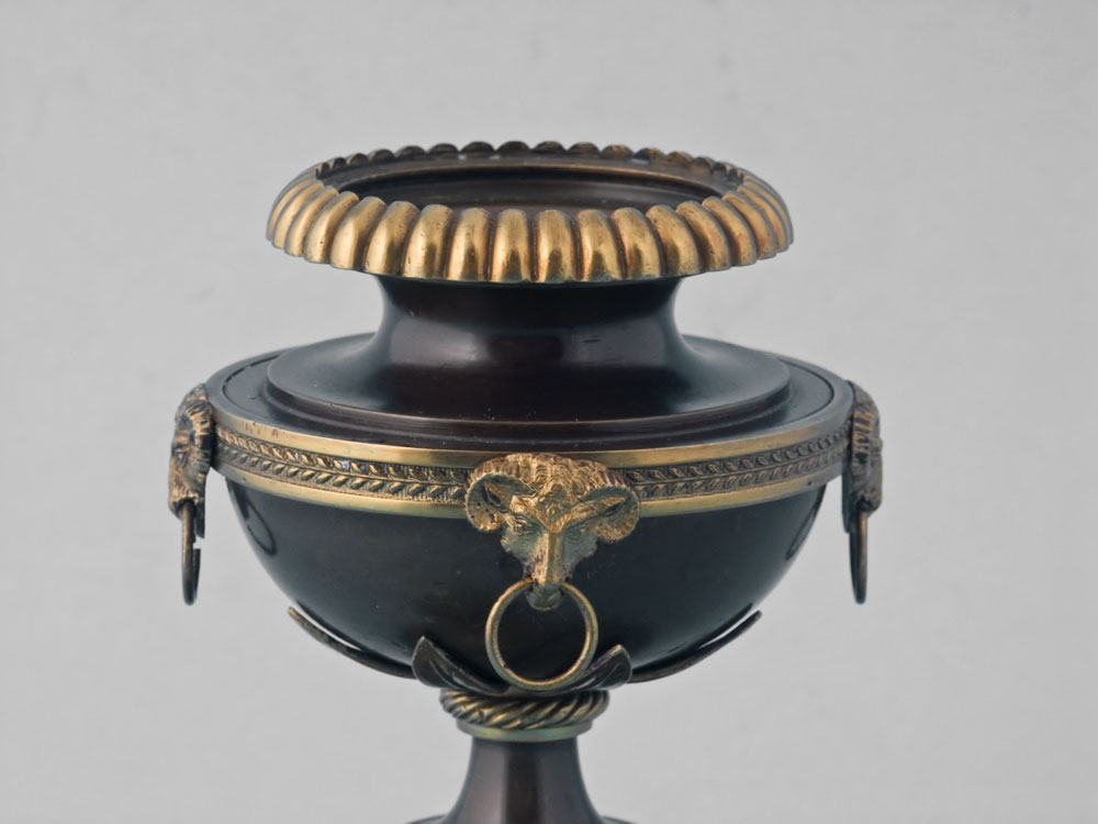 English Regency patinated bronze and ormolu inkwell.