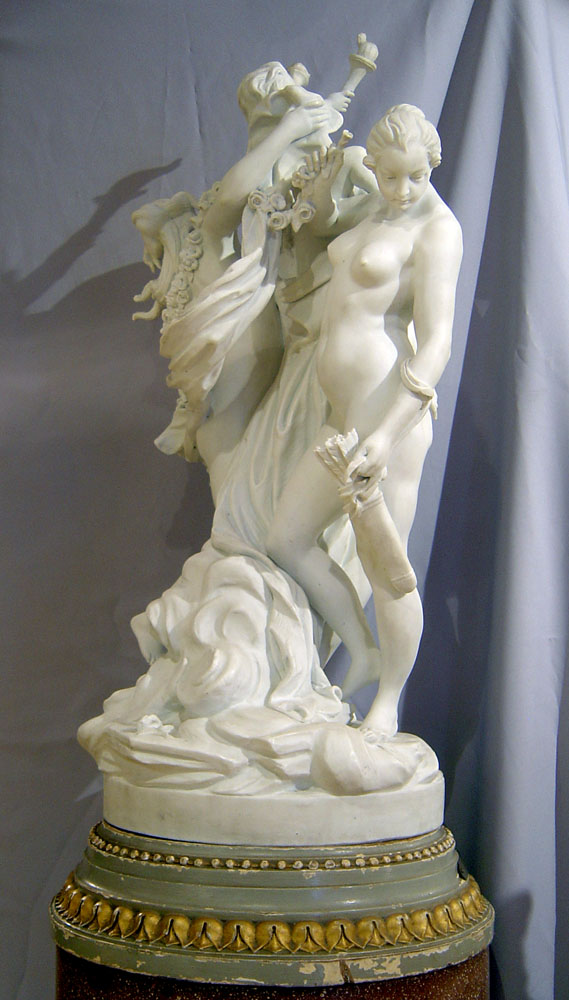Antique Sevres porcelain signed and dated monumental bisque piece of three nymphs holding a cupid.