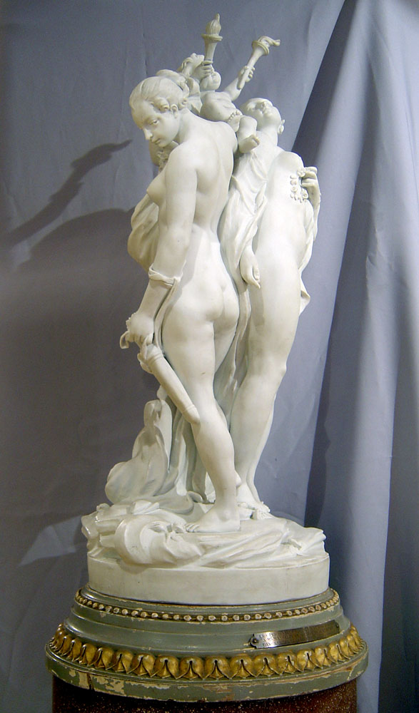Antique Sevres porcelain signed and dated monumental bisque piece of three nymphs holding a cupid.