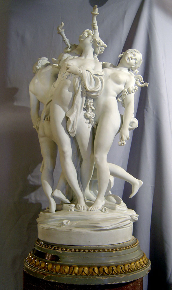 Antique Sevres porcelain signed and dated monumental bisque piece of three nymphs holding a cupid.