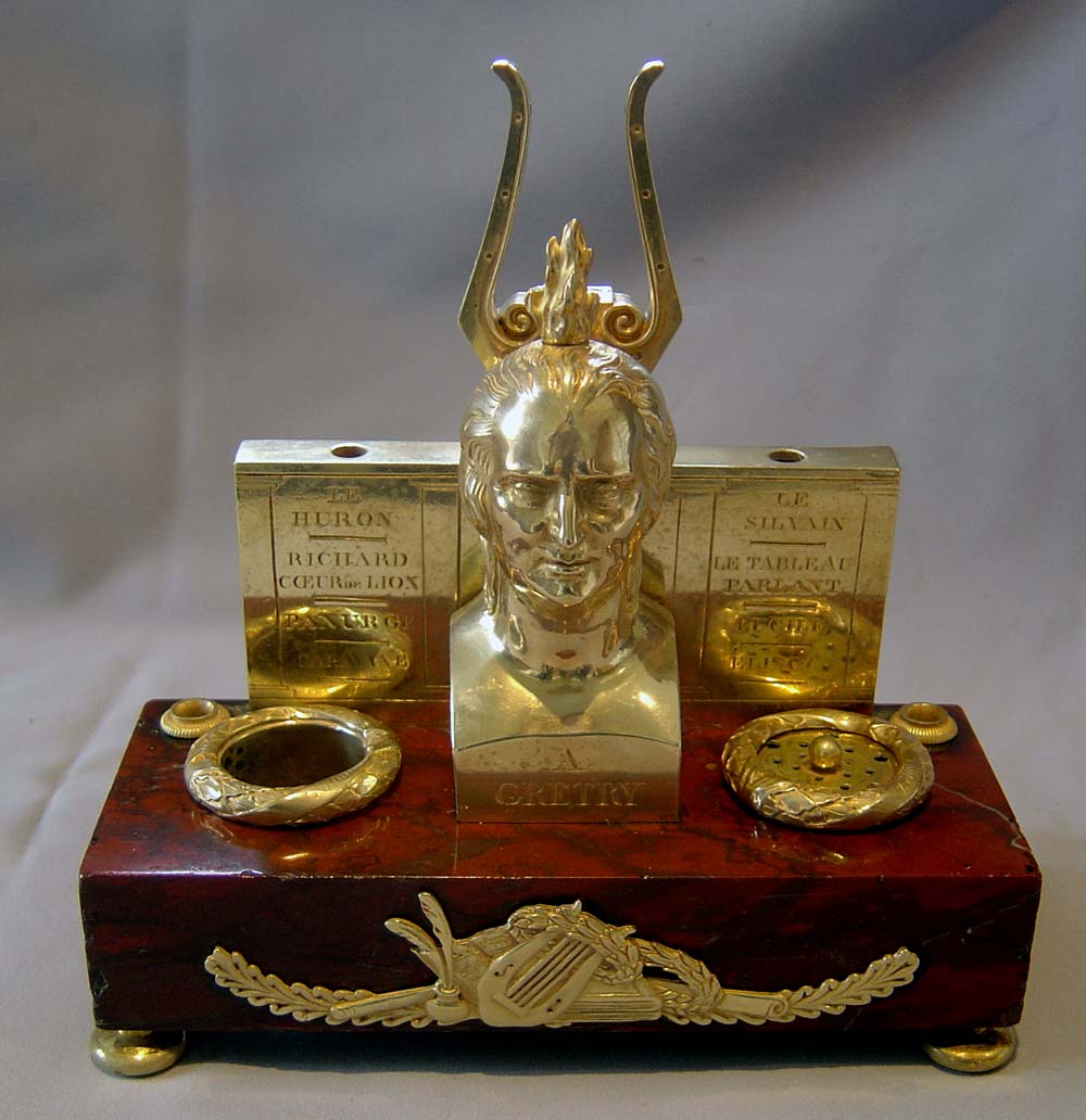 Antique French Empire ecrier in ormolu and rouge marble celebrating the composer Andre Gretry.
