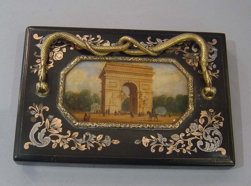 Gold mounted Grand Tour palais royal paperweight with reverse painting.