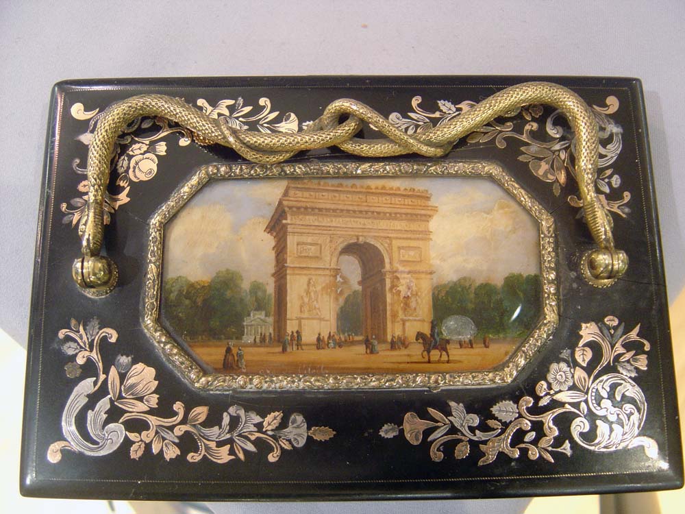Gold mounted Grand Tour palais royal paperweight with reverse painting.
