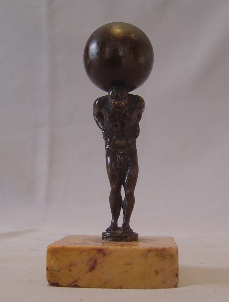 Small Italian Grand Tour bronze of Atlas holding up the world on Sienna marble base.