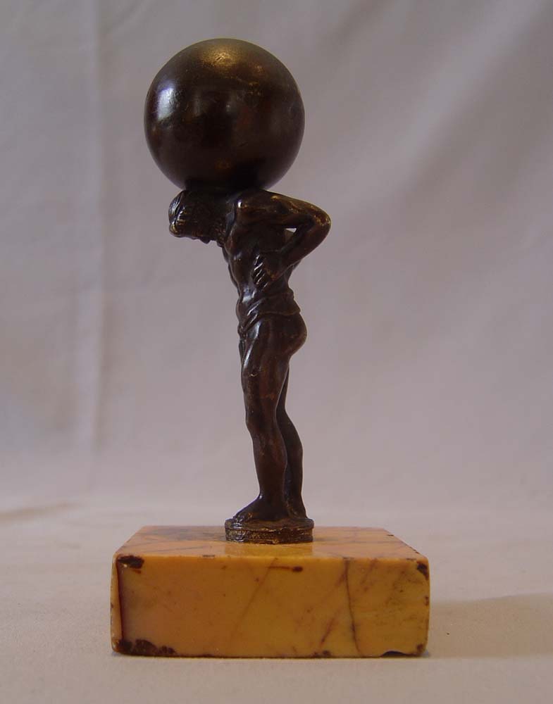 Small Italian Grand Tour bronze of Atlas holding up the world on Sienna marble base.