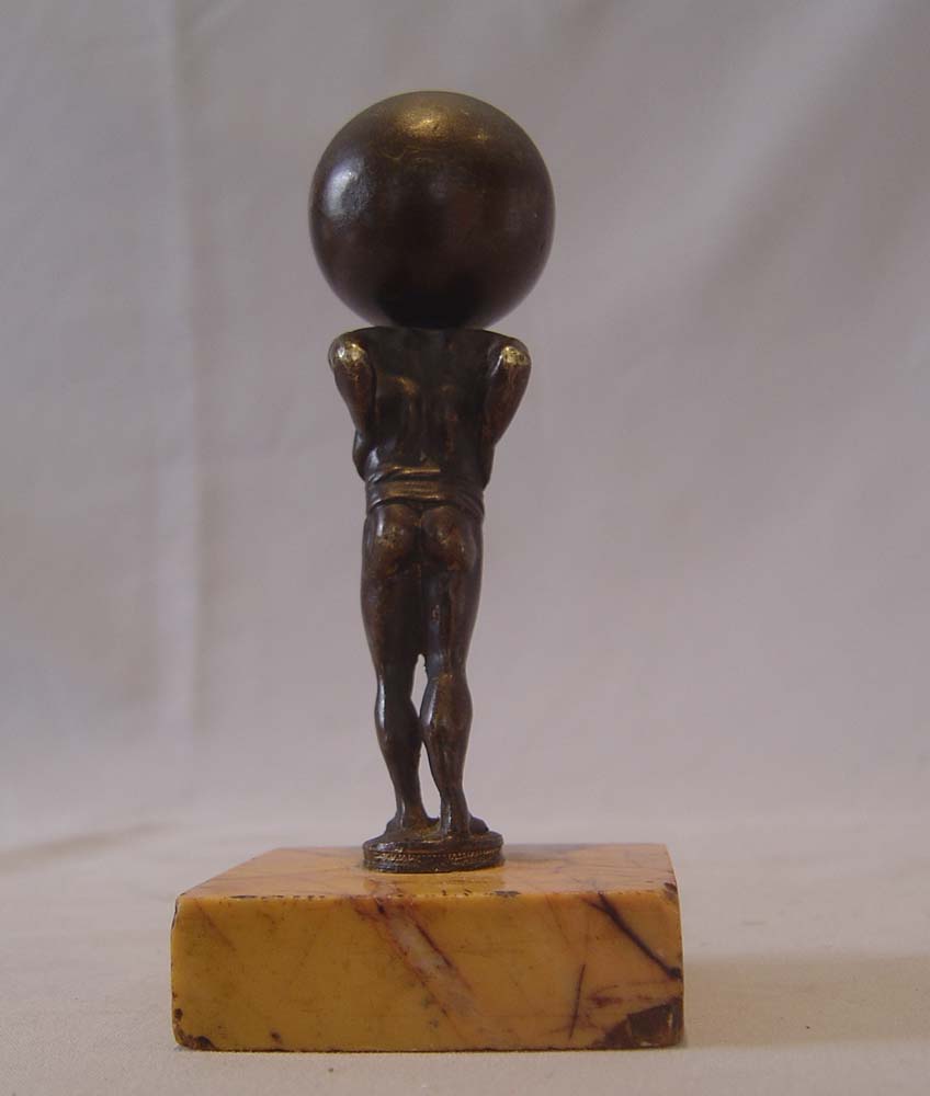 Small Italian Grand Tour bronze of Atlas holding up the world on Sienna marble base.