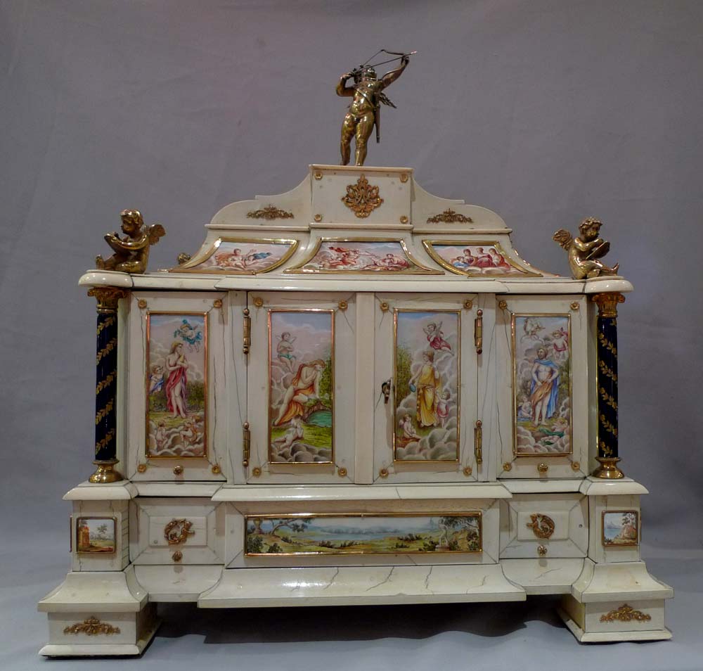 Antique Austro-Hungarian ivory, silver gilt and enamel table cabinet.