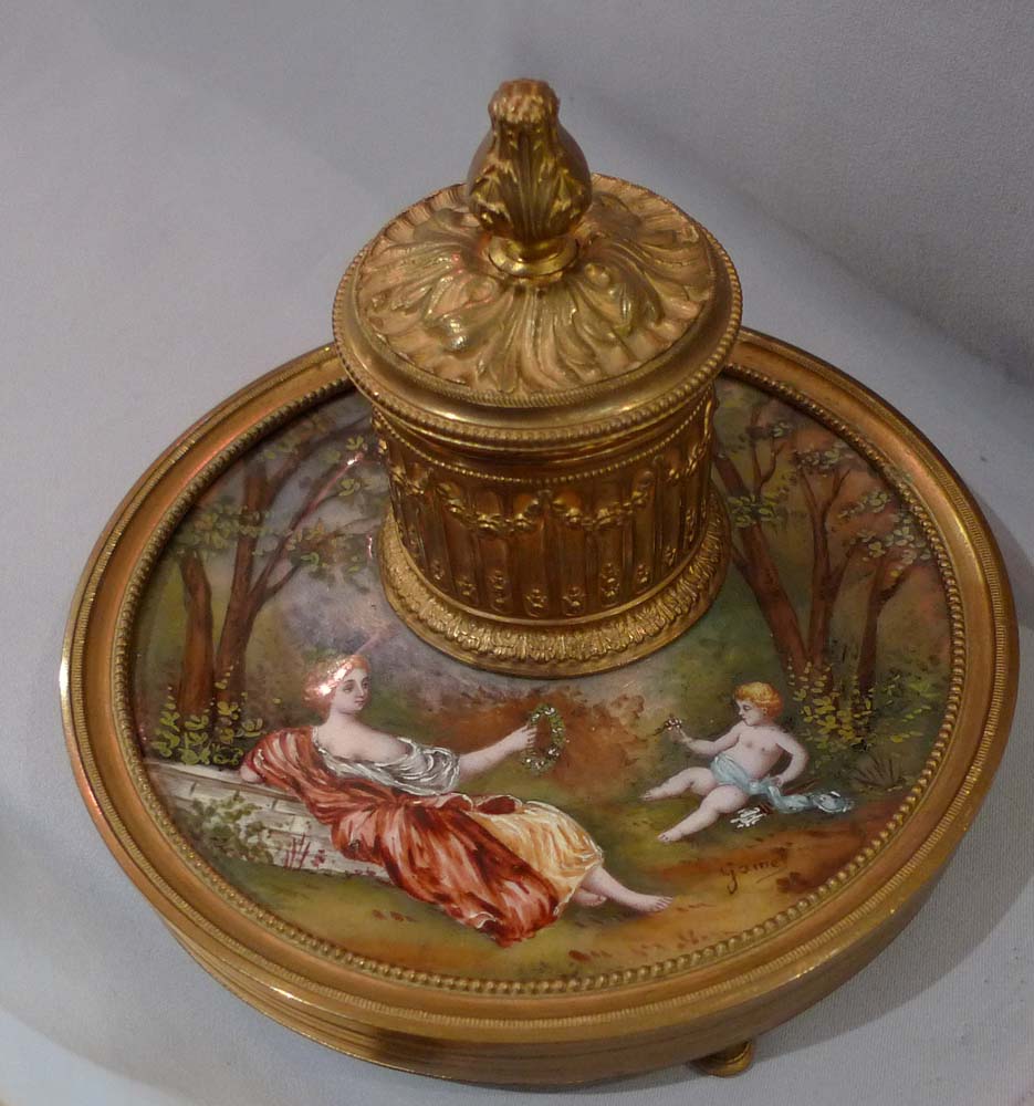 Antique French hand painted Limoges enamel and gilt metal inkwell.